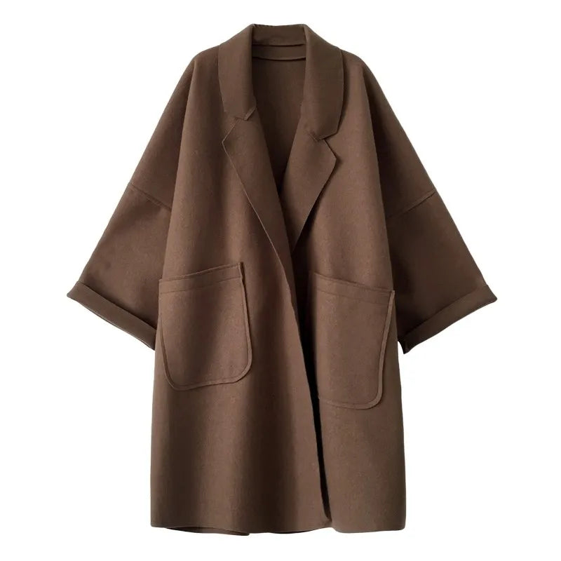 Street-wave Oversized Wool Blend Trench Coat For Women, Timeless Style And Modern Comfort