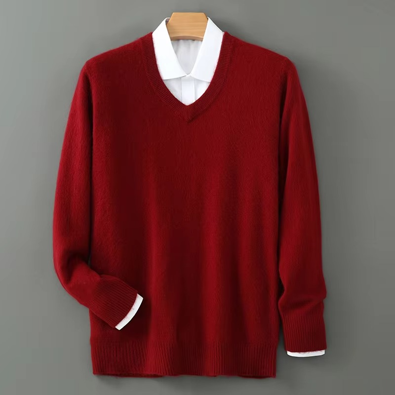 Street-Wave Men's Winter Cashmere Blend V Neck Sweater Loose Fit Plus Size Knitted Pullover For Warmth