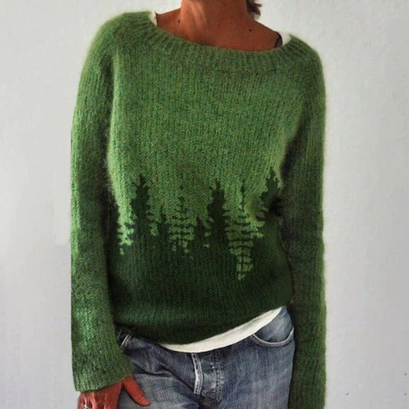 Street-Wave Knit Sweater For Women Cozy Breathable Forest Pattern Pullover Perfect Everyday