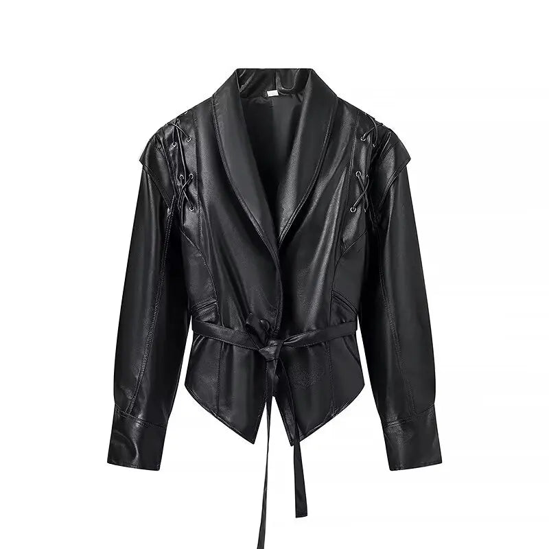 Street-wave Bad Feeling Jacket With Lace Up Detailing And Belted Silhouette For Fashion Forward Women