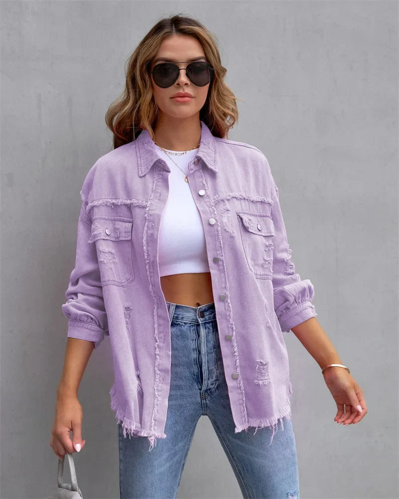 Street-Wave Zip Front Purple Denim Shirt Jacket Women Chic