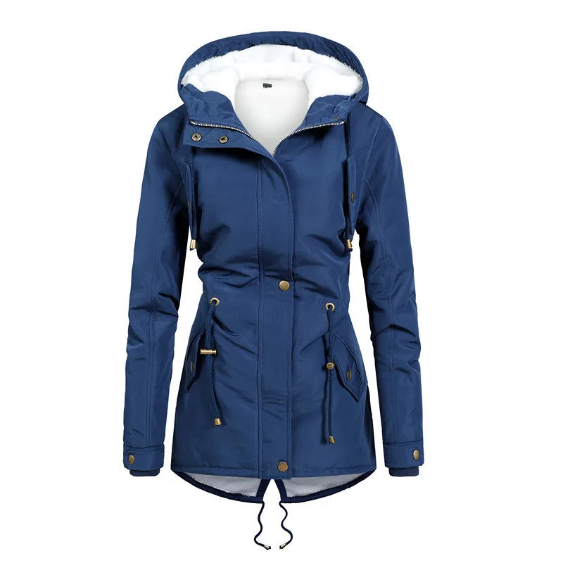 Street Wave Windproof Mid Length Hooded Jacket for Women, Stylish Warm Outerwear with Cozy Lining and Adjustable Hem