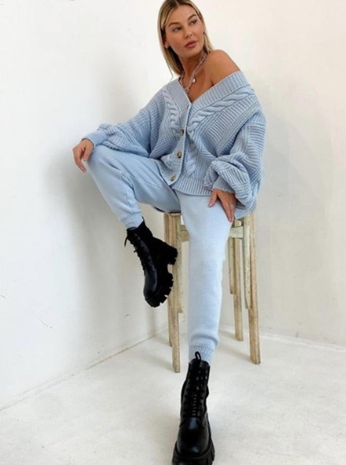 Street-wave Two-Piece Knit Set For Women Cozy Cardigan Vest And Pants Relaxed Fit