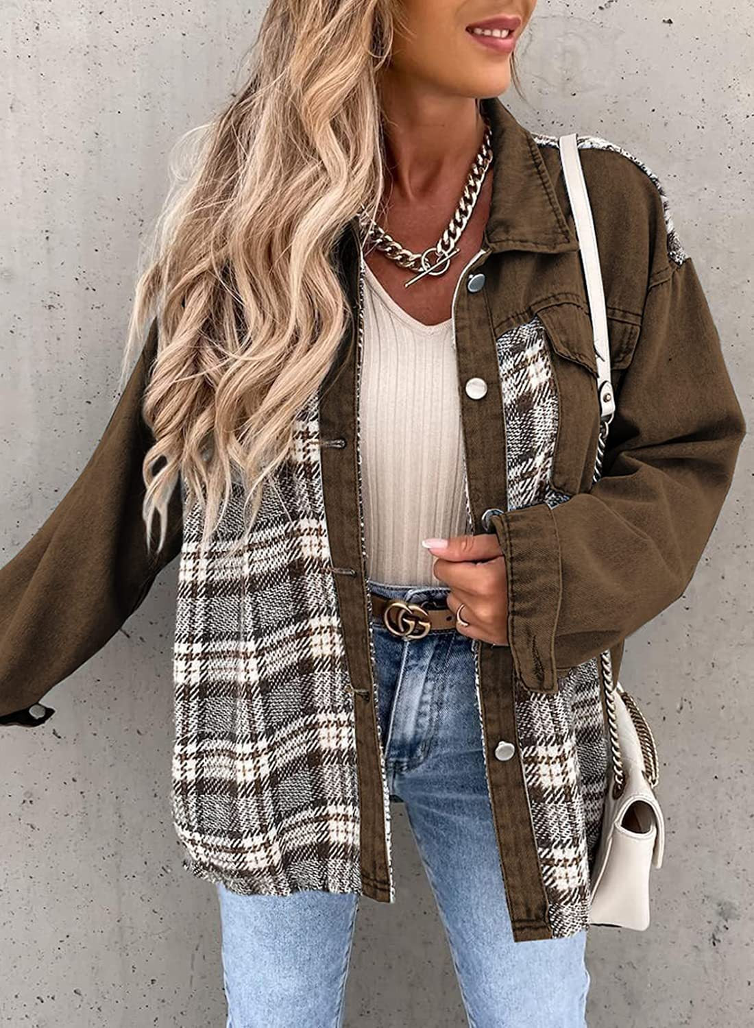 Denim Jacket With Button Front And Plaid Panel Versatile For Women Rosalind By Street Wave