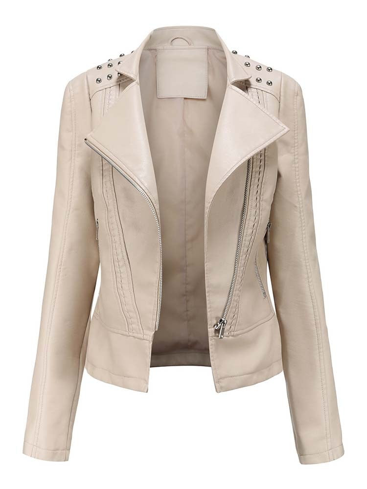 Street-Wave PU Leather Jacket For Women With Studded Shoulders And Zippered Sleeves Chic All Season Outerwear