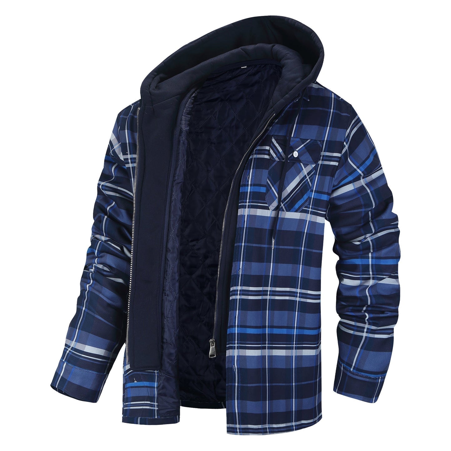 Street Wave Premium Hooded Jacket For Men Plaid Blue Check With Quilted Lining And Front Pockets