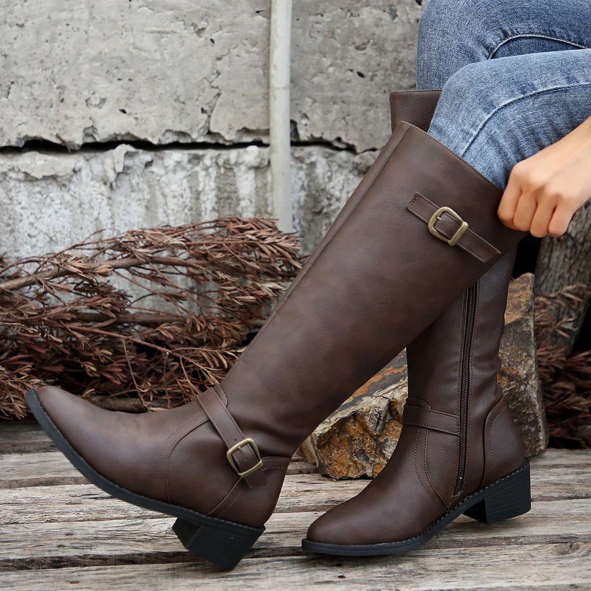 Street-wave Womens Knee High Riding Boots With Buckle Strap And Low Heel Timeless Comfortable Elegant
