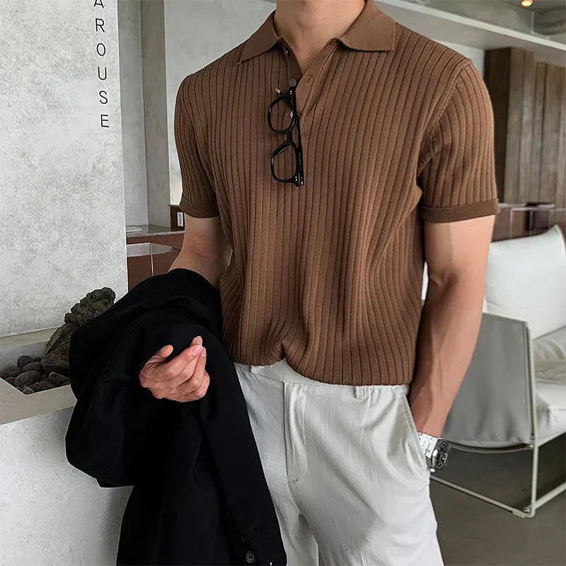 Men's Polo Shirt Slim Fit Ribbed Structure Short Sleeve Breathable Comfort For Everyday Wear