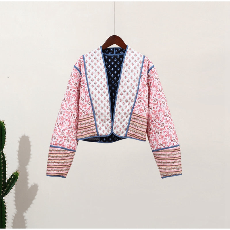 Streetwave Floral Quilted Jacket For Women Chic Cropped Bomber Style Pink Flower Pattern