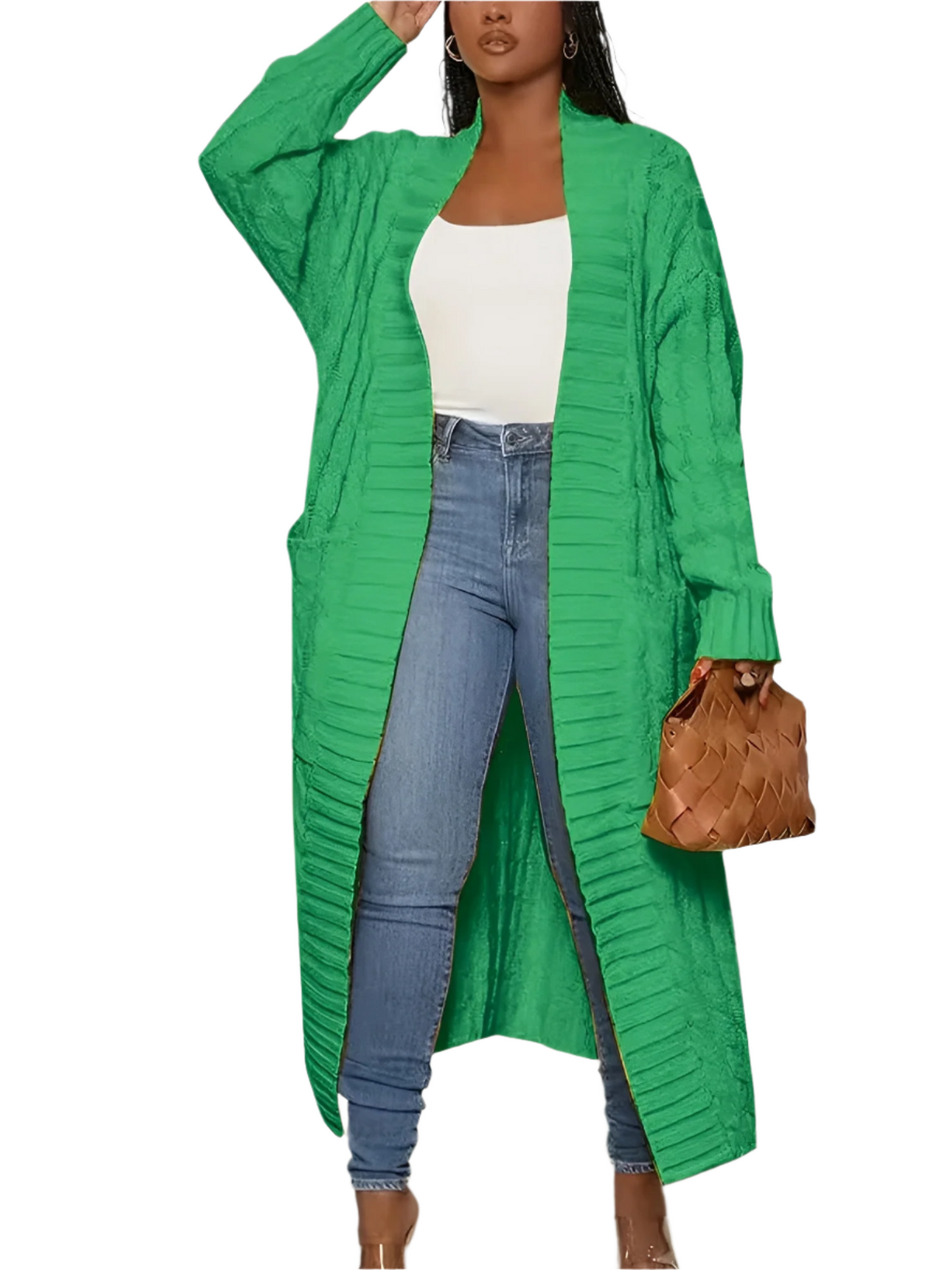 Street-Wave Long Knit Cardigan For Women Open Front Draped Texture Pink Cozy Warmth