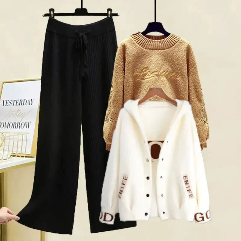 Street-wave Women Winter Three-Piece Set Cozy Knit Cardigan Sweater With Elegant Coat