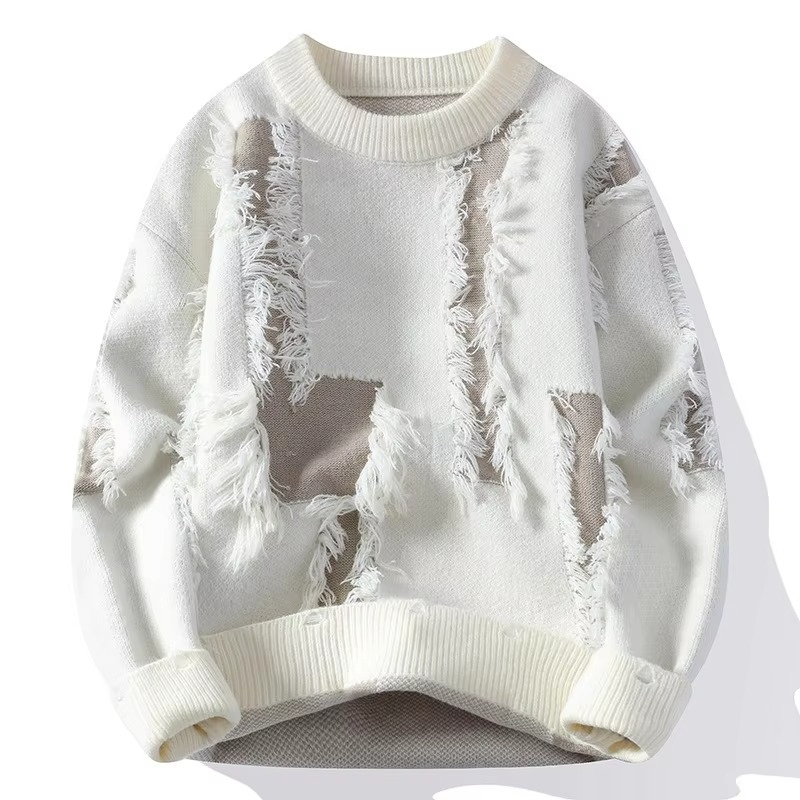 Men's Distressed Ripped Knit Patchwork Sweater Loose Fit Crew Neck Pullover Street-Wave