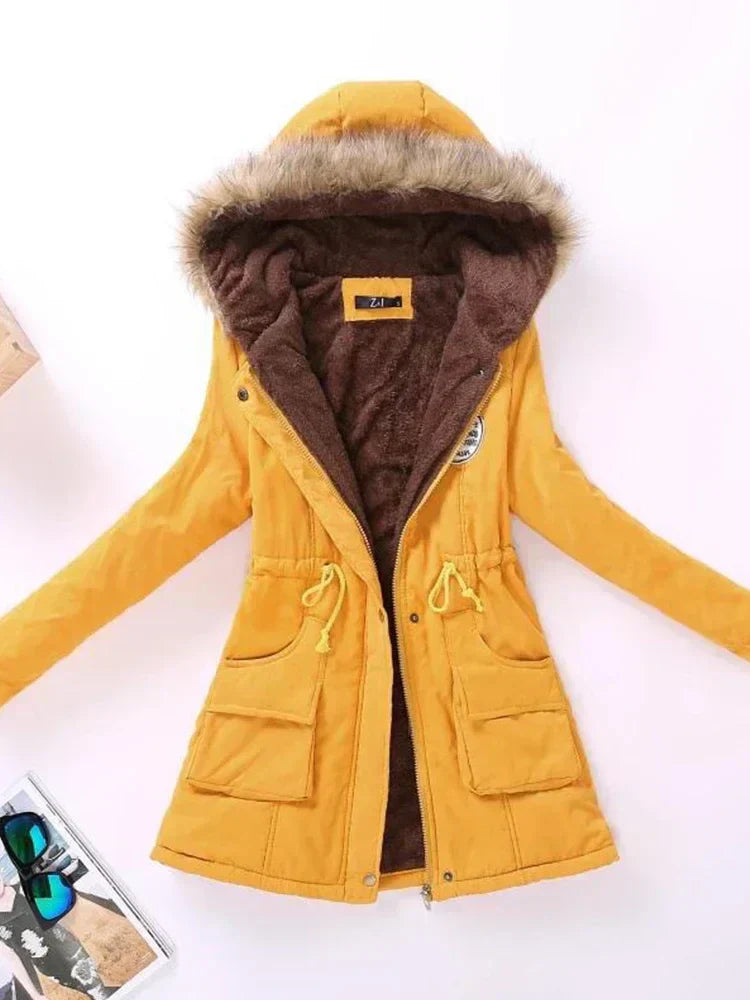 Street-wave Womens Fur Hooded Parka Jacket Cozy Warm Cotton Blend for Casual Outings