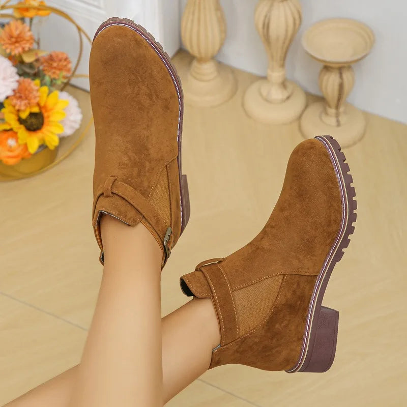 Street-wave Winter Boots With Buckle Strap For Women Cozy Round Toe Chunky Heel Suede