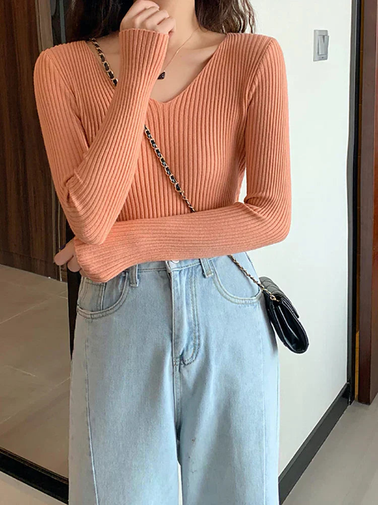 Street Wave Women Ribbed Knit Slim Fit V Neck Pullover Flattering Versatile Autumn Sweater