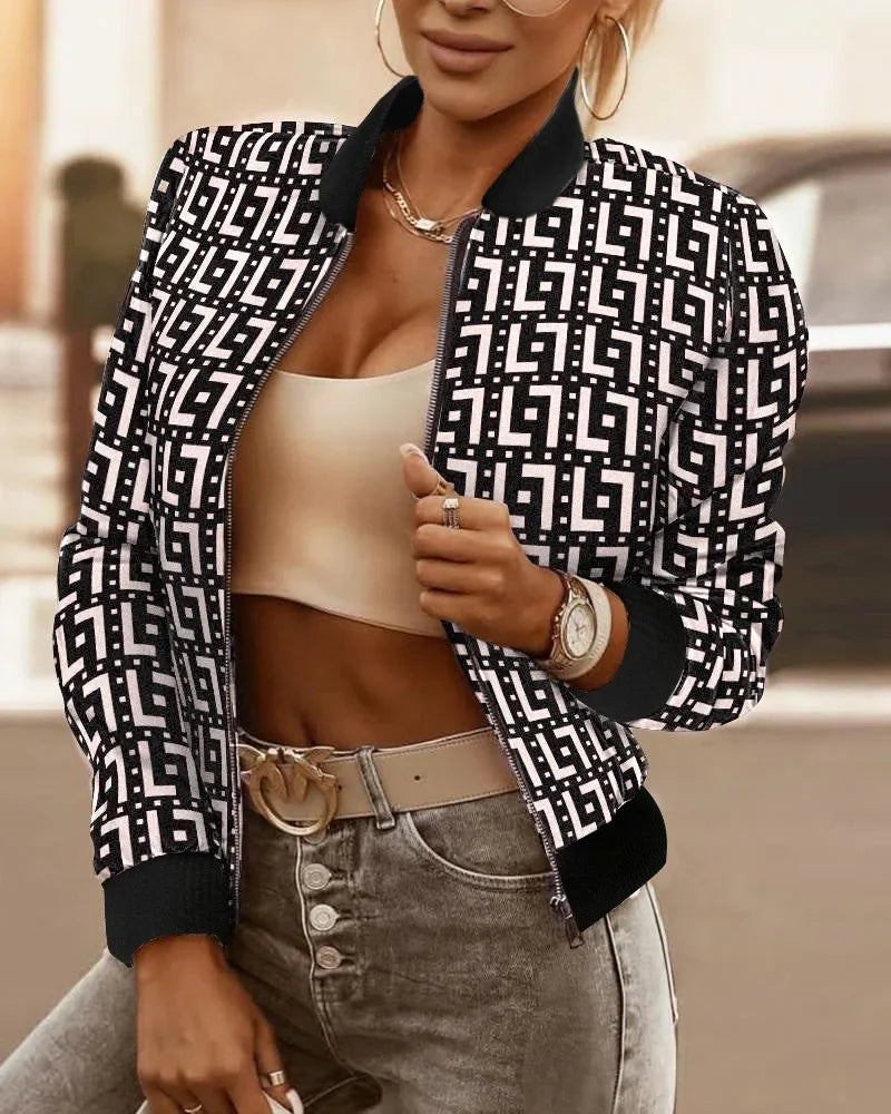 Street Wave Geometric Zip Bomber Jacket With Long Sleeves For Urban Style Enthusiasts Comfortable All Day Wear