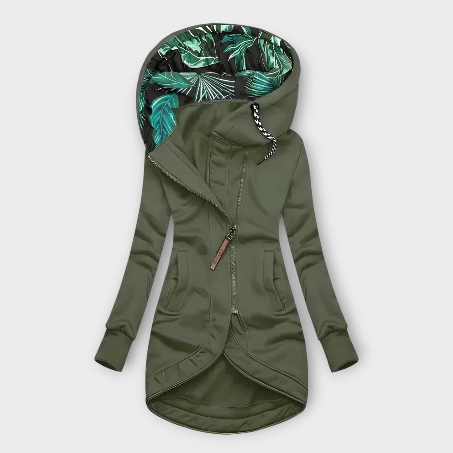 Street-wave Womens Warm And Stylish Hooded Jacket With Cozy Lined Interior And Tropical Leaf Print