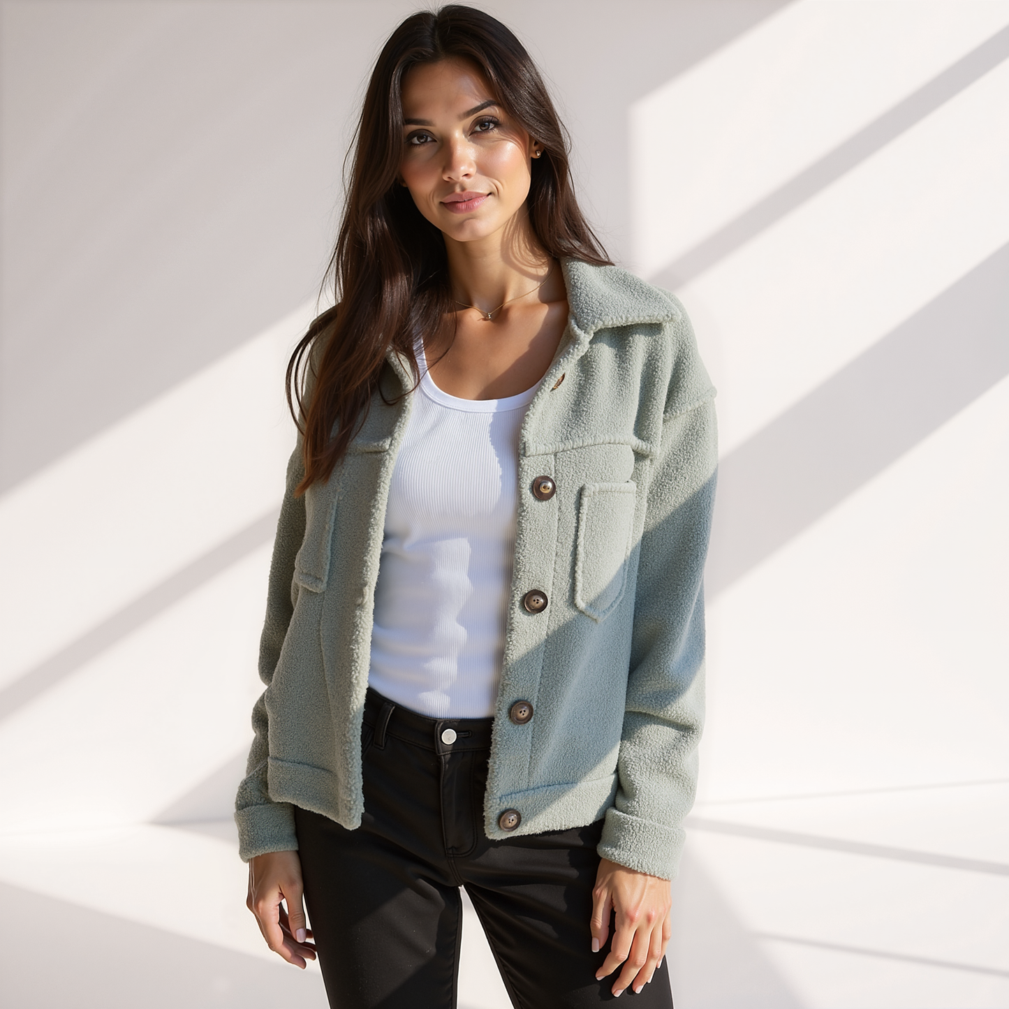 Street-wave Soft Teddy Jacket For Women With Cozy Fleece Button Front And Pockets