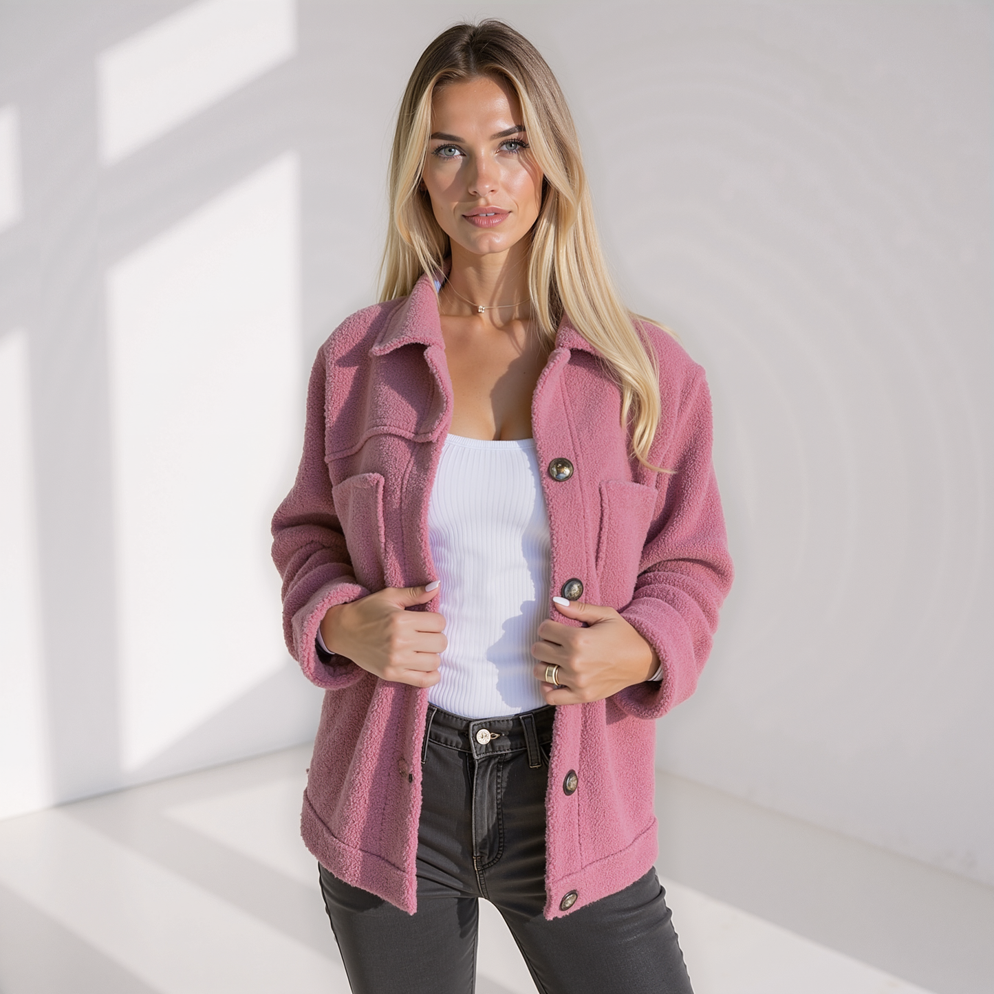 Street-wave Soft Teddy Jacket For Women With Cozy Fleece Button Front And Pockets