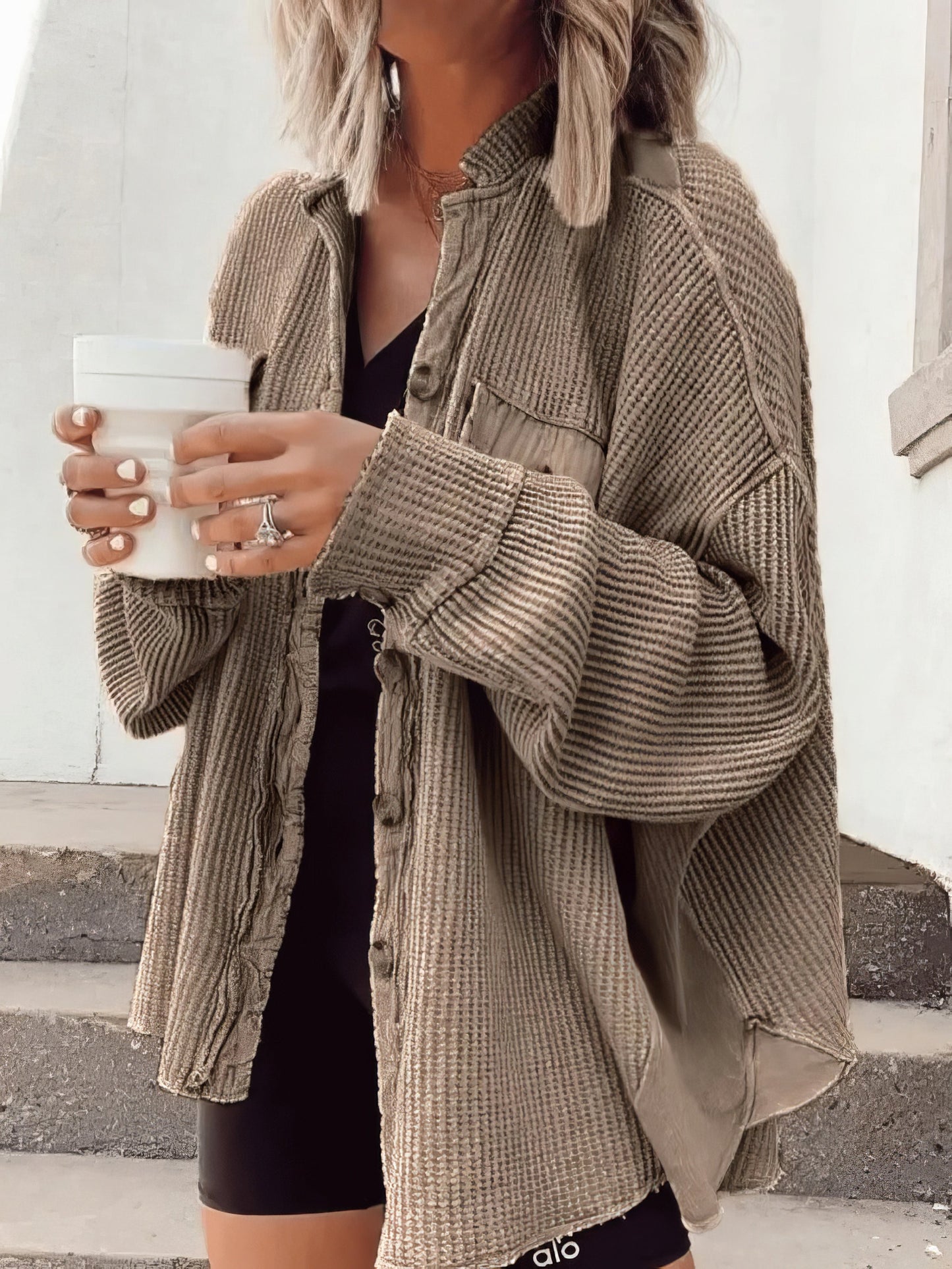 Street Wave Waffle Knit Shirt Jacket For Women Soft Cozy Warm Layer With Button Front