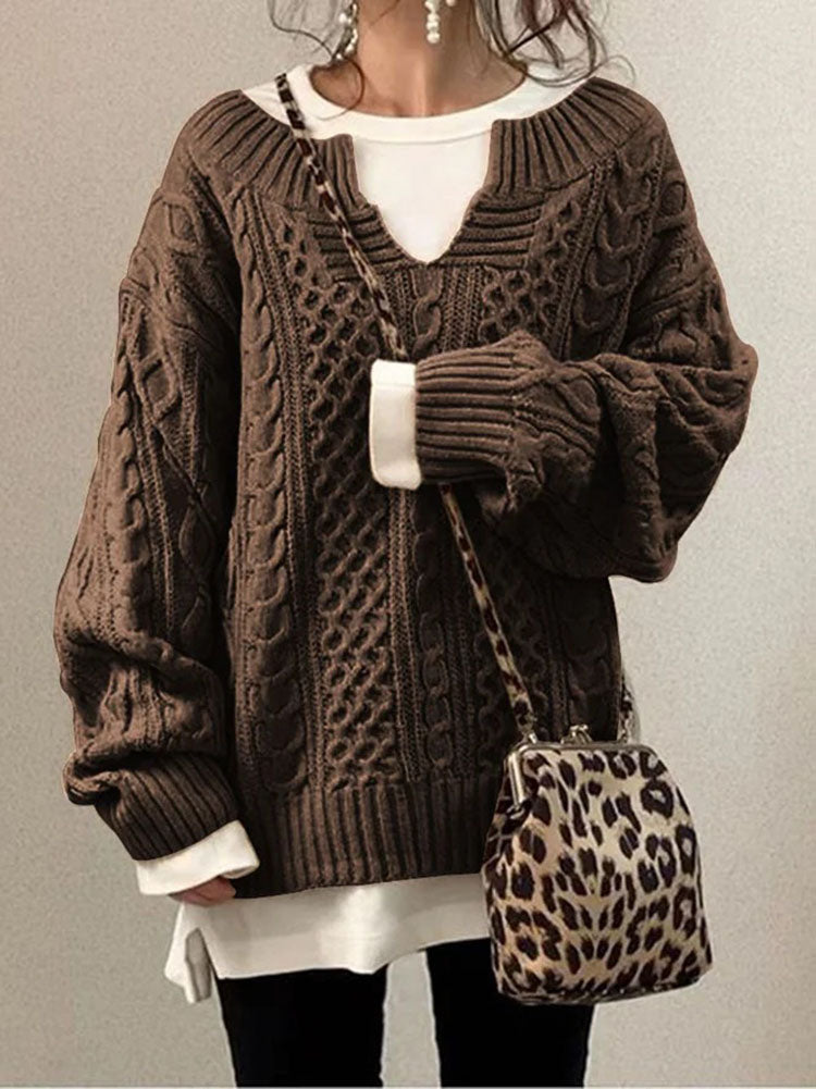 Street-wave Cable Knit Sweater for Women with Slit Neck Cozy Autumn Chunky Pullover