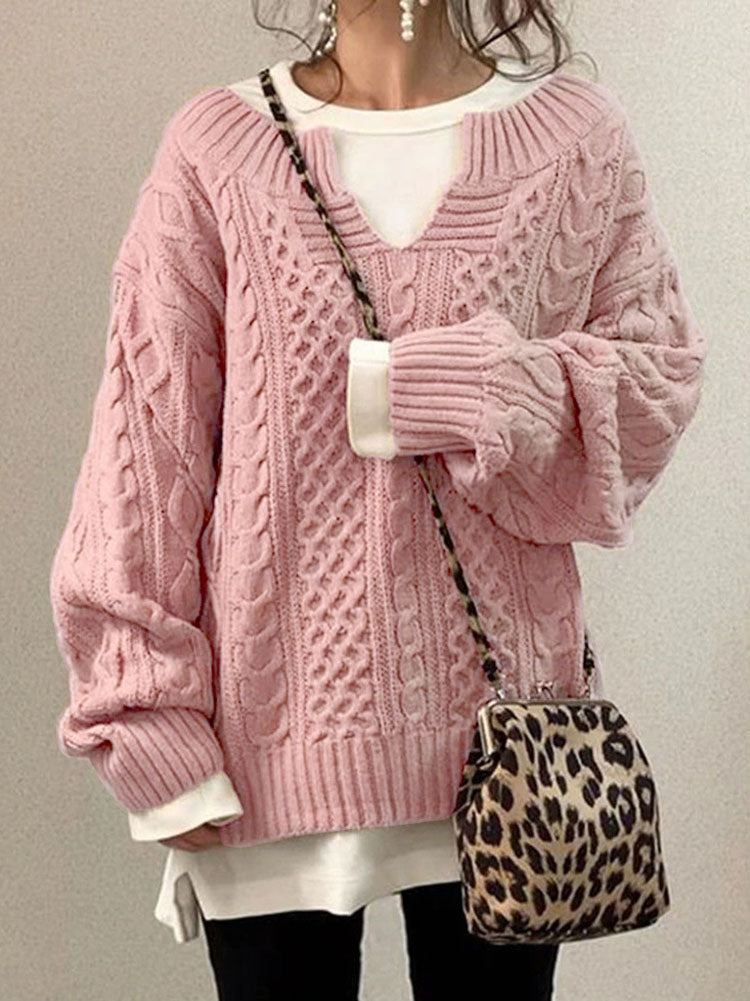 Street-wave Cable Knit Sweater for Women with Slit Neck Cozy Autumn Chunky Pullover