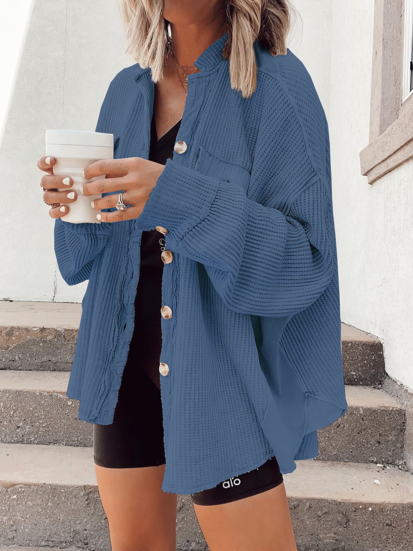 Street Wave Waffle Knit Shirt Jacket For Women Soft Cozy Warm Layer With Button Front