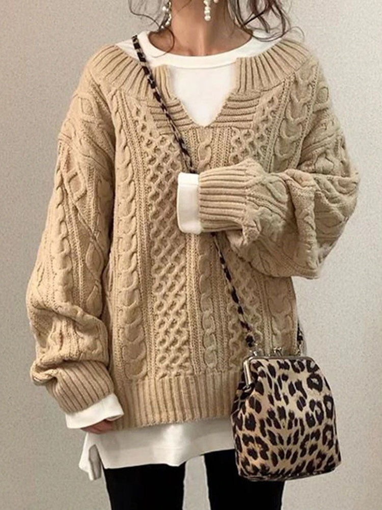 Street-wave Cable Knit Sweater for Women with Slit Neck Cozy Autumn Chunky Pullover