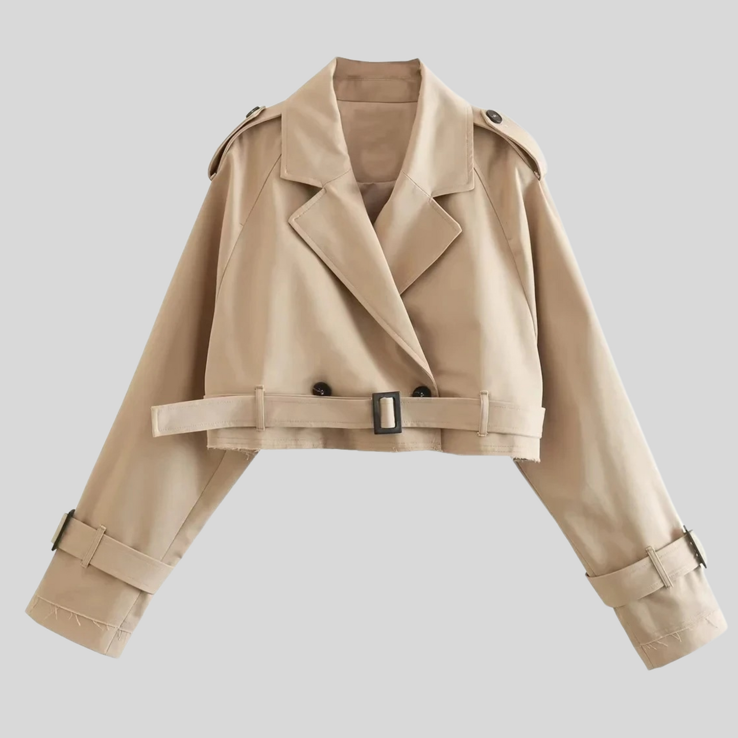 Street-Wave Cropped Double-Breasted Trench Coat For Women Beige Belted Chic Everyday Style