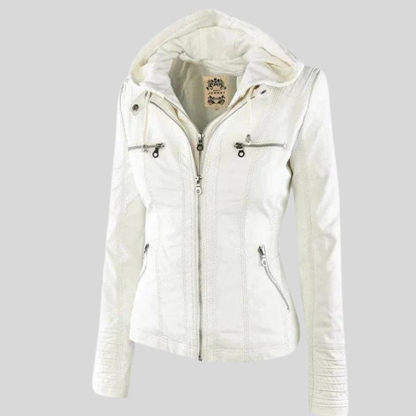 Street-wave Women Hooded Leather Jacket With Zip Pockets And Quilted Sleeves For Versatile Everyday Style