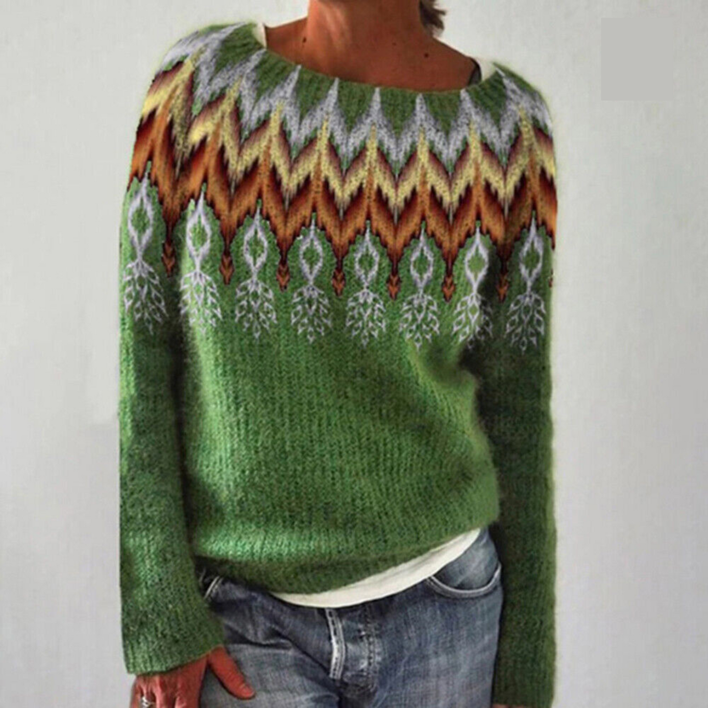 Ethnic Print Sweater Street-Wave For Women Cozy Knit With Ruby Blue Yoke Design Edition