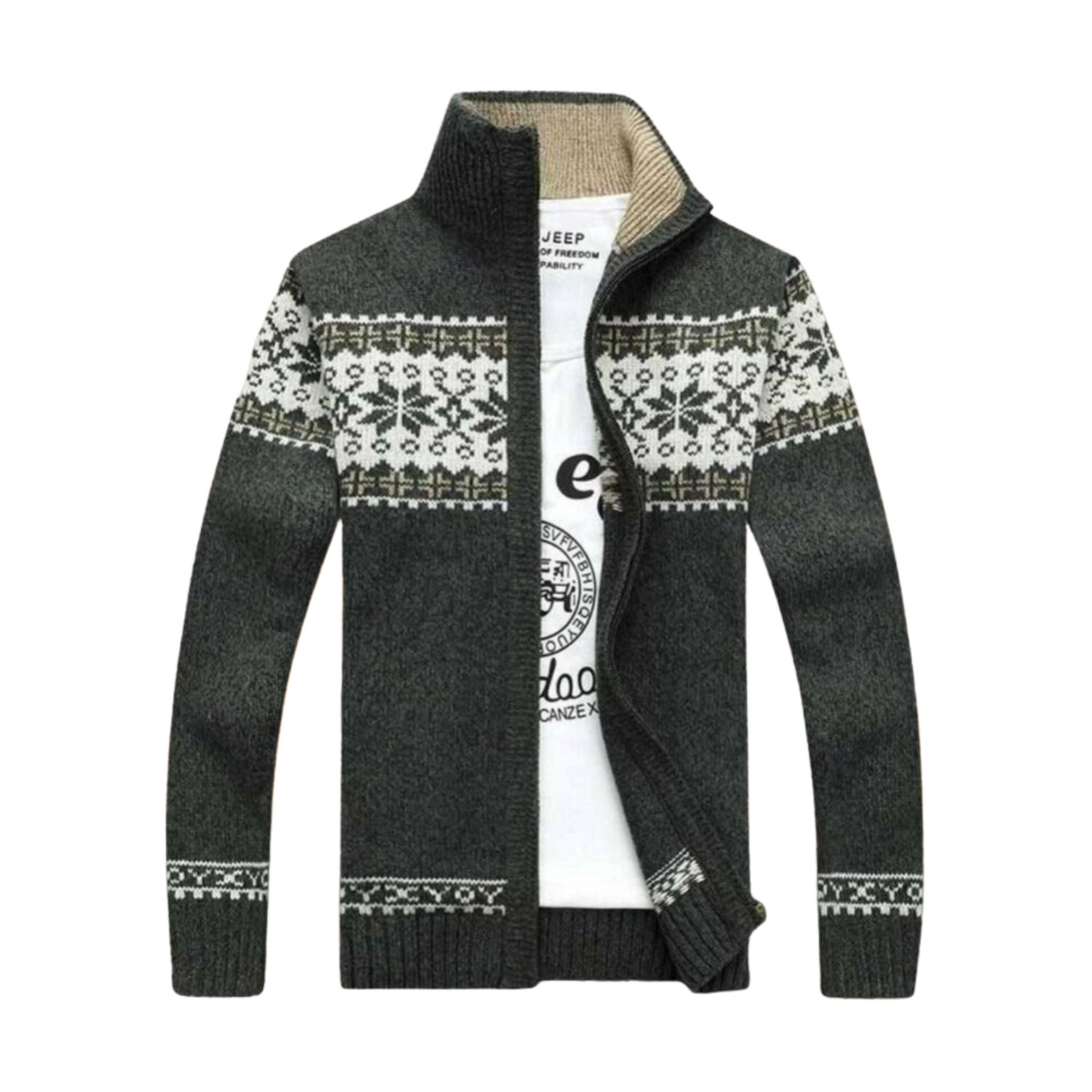 Street Wave Quest Stand Collar Reindeer Knit Sweater For Men Cozy Heavyweight Winter Zip Cardigan