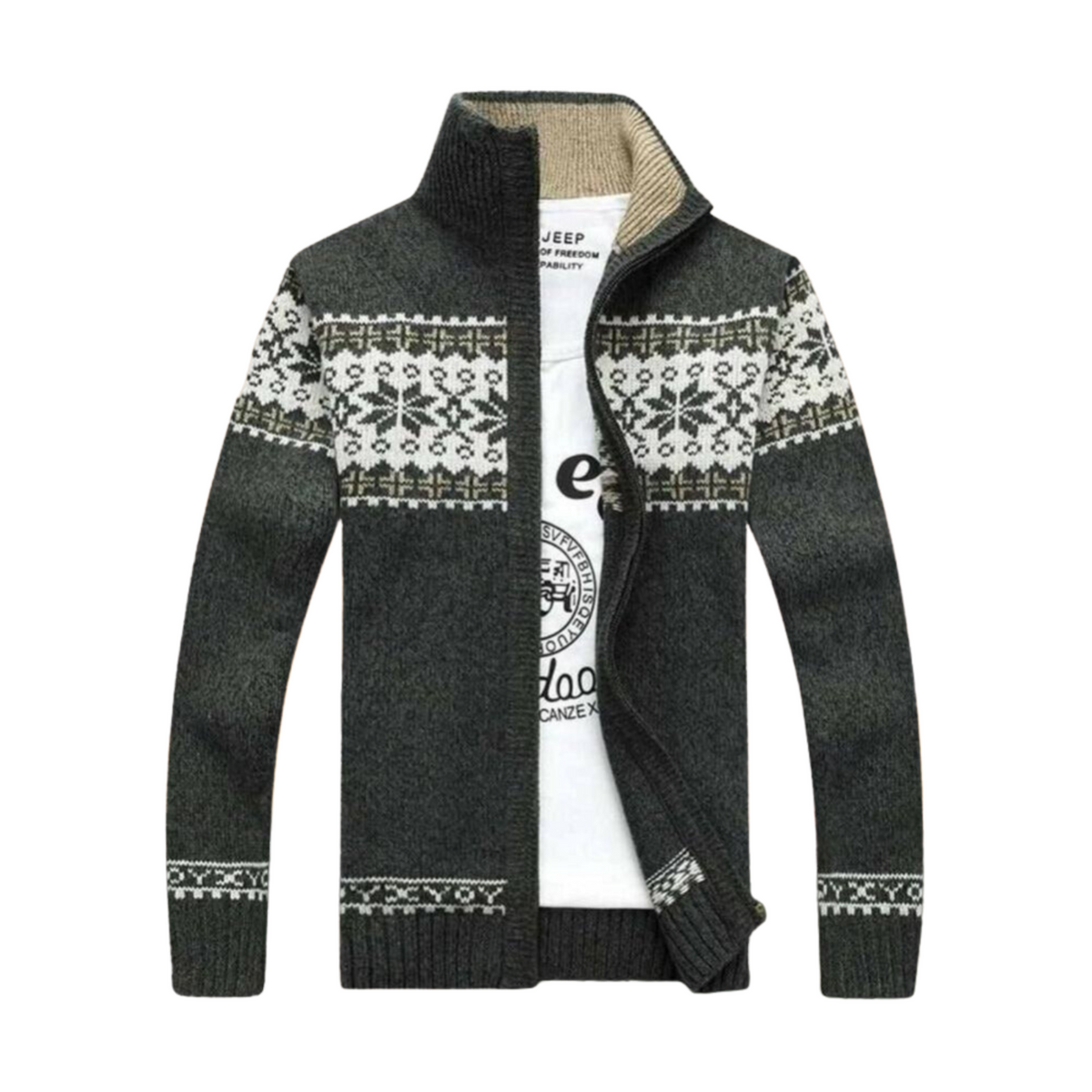Street Wave Quest Stand Collar Reindeer Knit Sweater For Men Cozy Heavyweight Winter Zip Cardigan