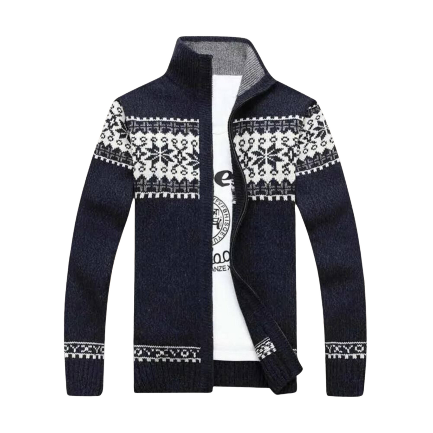Street Wave Quest Stand Collar Reindeer Knit Sweater For Men Cozy Heavyweight Winter Zip Cardigan