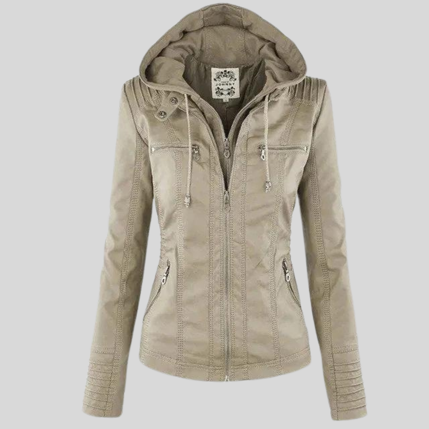 Street-wave Women Hooded Leather Jacket With Zip Pockets And Quilted Sleeves For Versatile Everyday Style