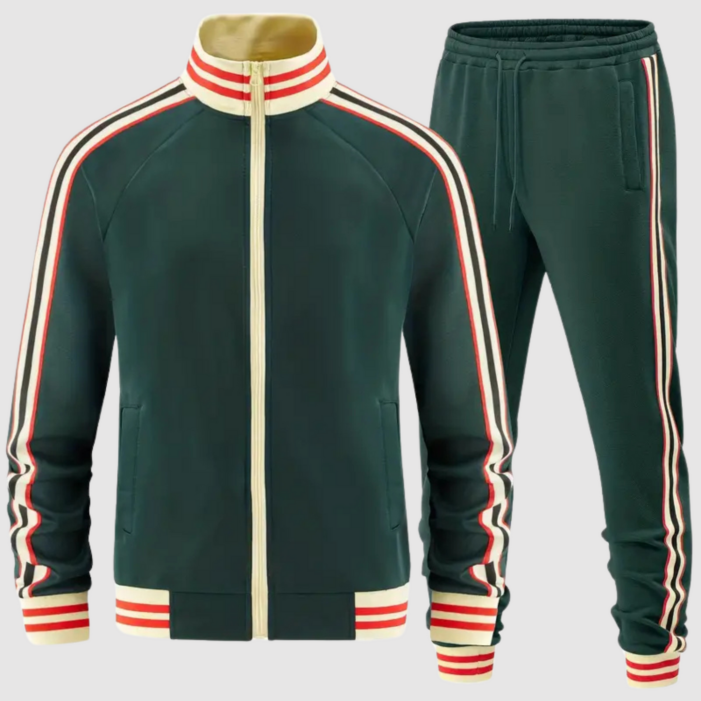 Men's Two-Piece Tracksuit Set With Full Zip Jacket And Slim Tapered Pants Stripe Detail Casual Fit