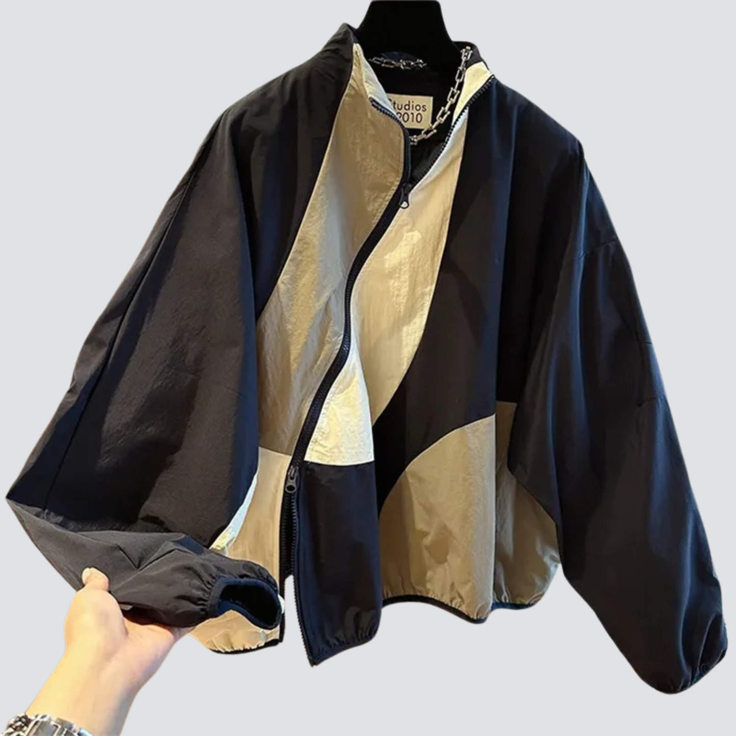 Street-wave Patchwork Jacket for Women With Slanted Front Design for Modern Chic Streetwear