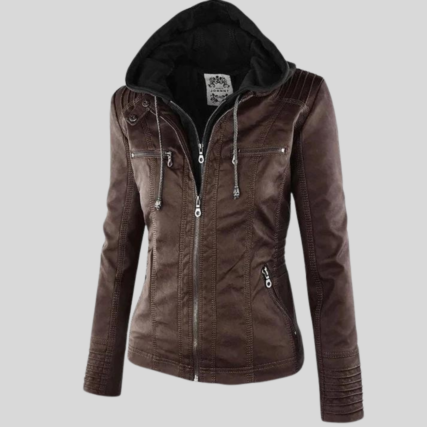 Street-wave Women's Leather-Look Moto Jacket With Hood Zipper Pockets Effortless Chic