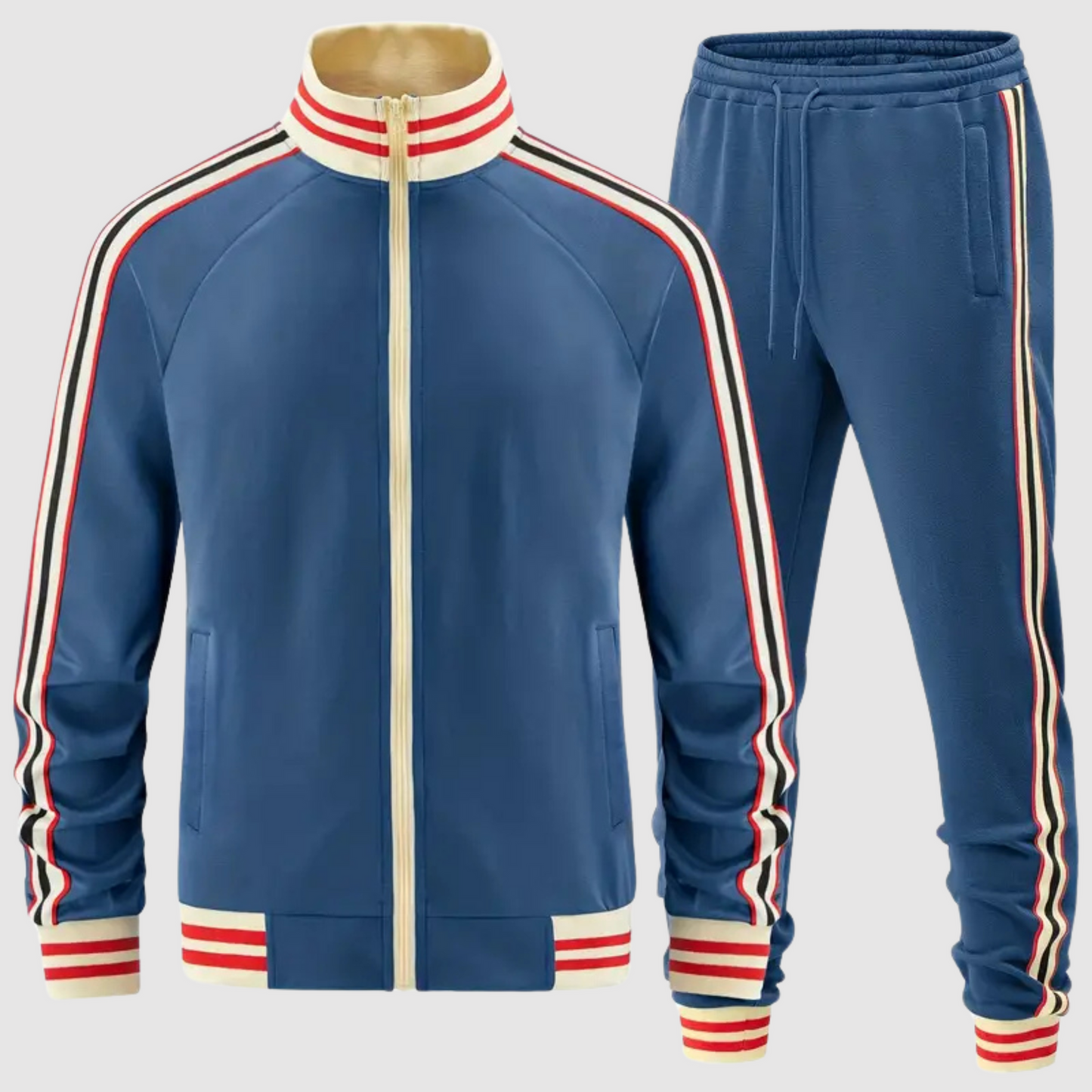 Men's Two-Piece Tracksuit Set With Full Zip Jacket And Slim Tapered Pants Stripe Detail Casual Fit