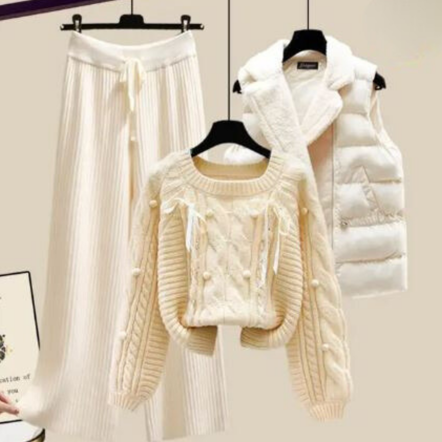 Streetwave Three Piece Knit Set For Women Cozy Cardigan Sweater And Wide Leg Pants