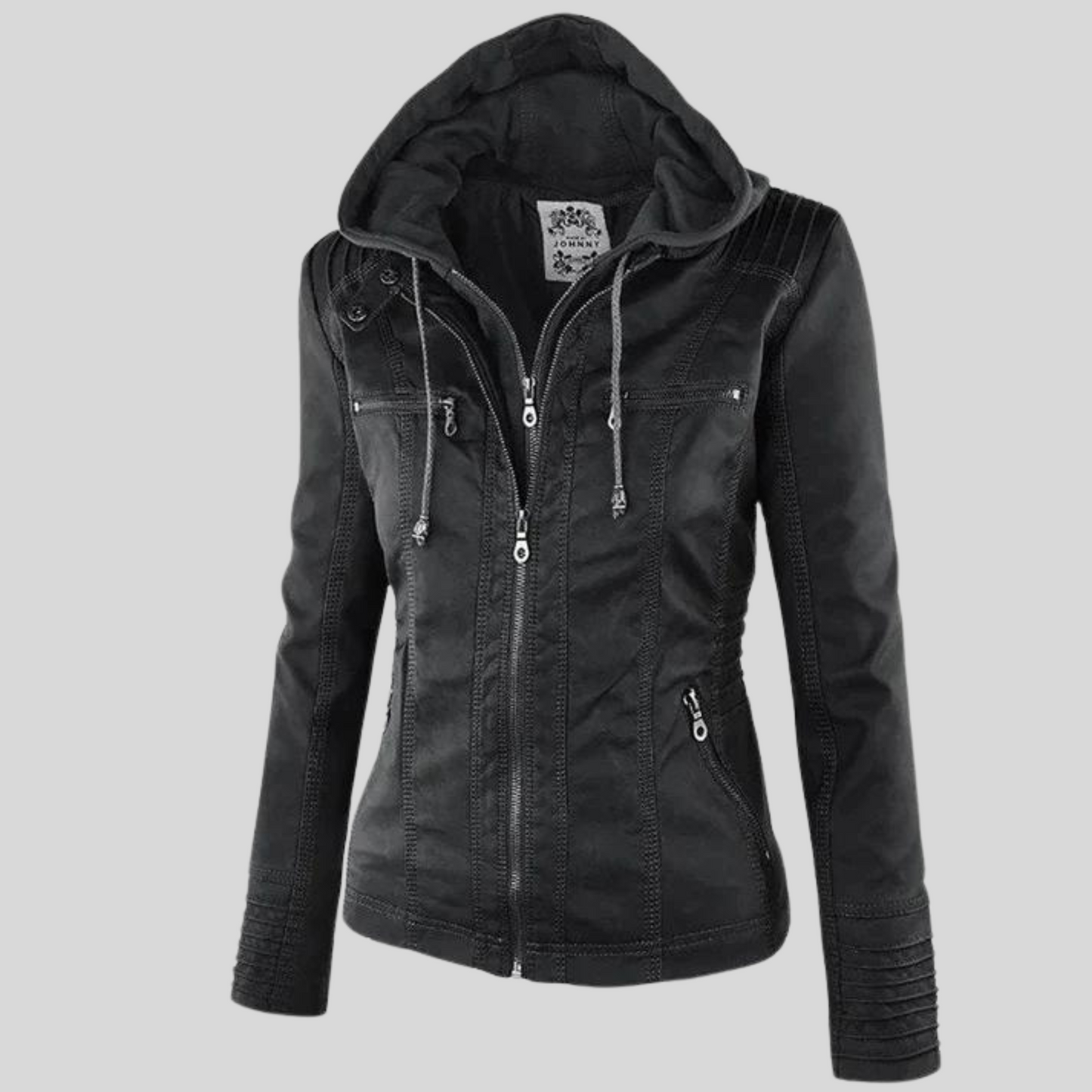 Street-wave Women Hooded Leather Jacket With Zip Pockets And Quilted Sleeves For Versatile Everyday Style
