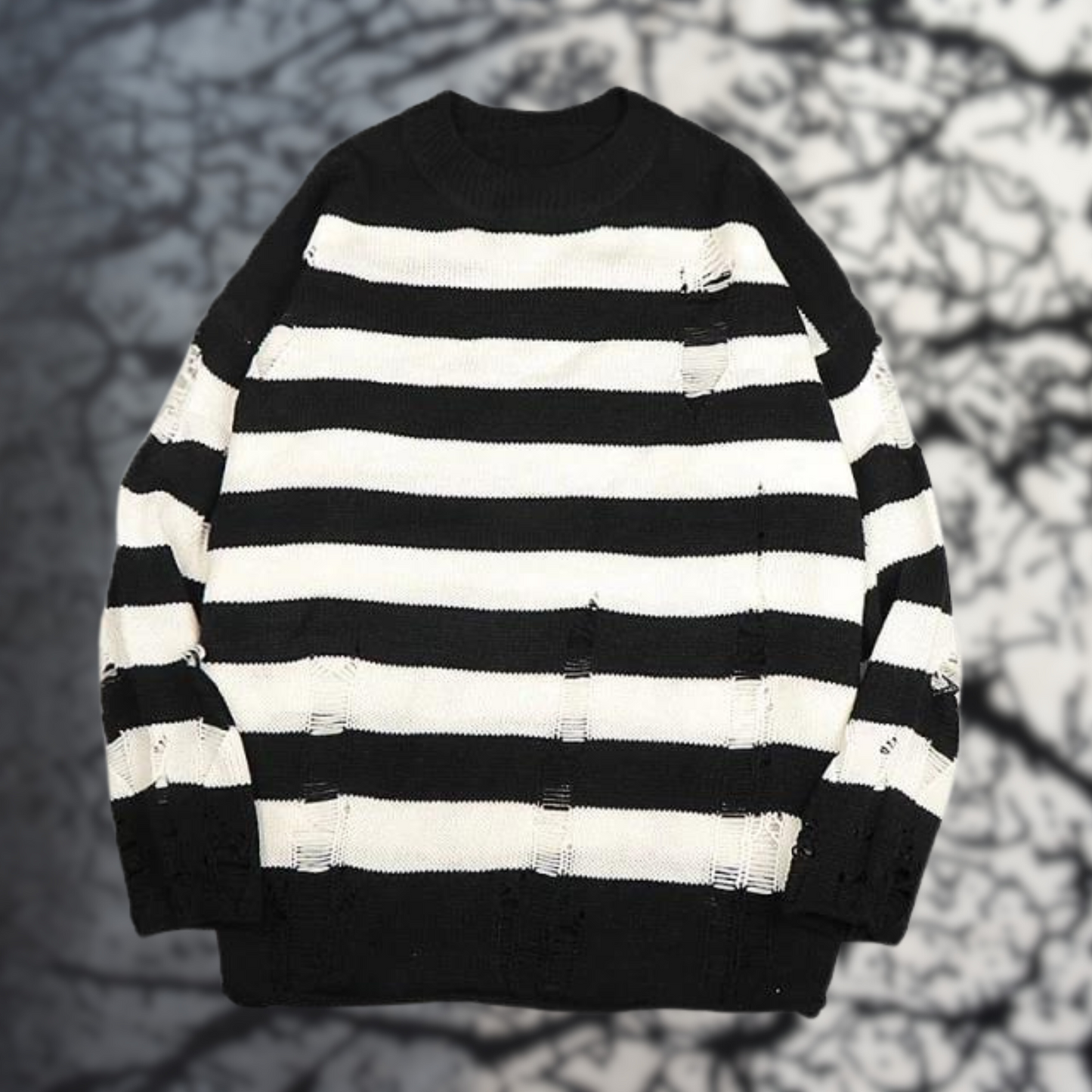 Street Wave Distressed Striped Pullover Knit Sweater With Ripped Detailing For Unisex Casual Wear