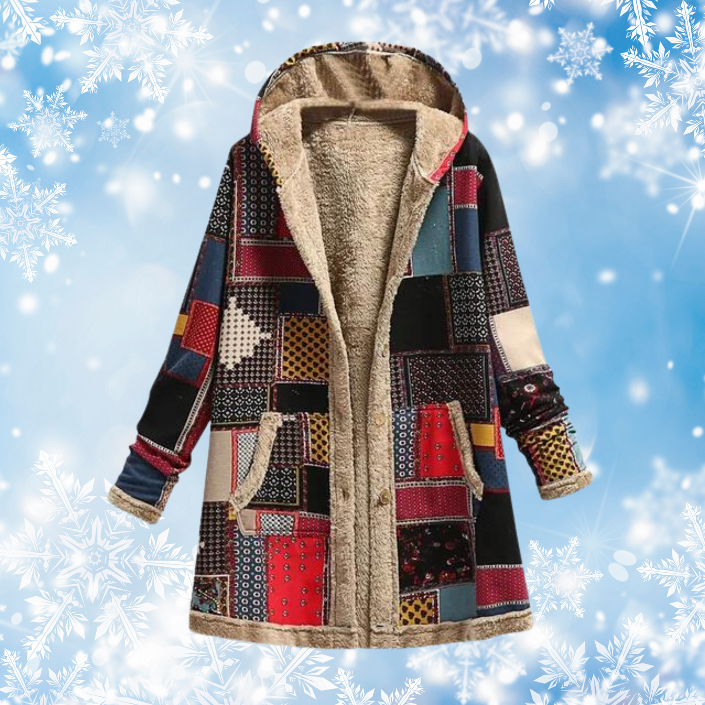 Street-wave Geometric Sherpa Lined Winter Coat For Women Cozy Warm Premium Outerwear