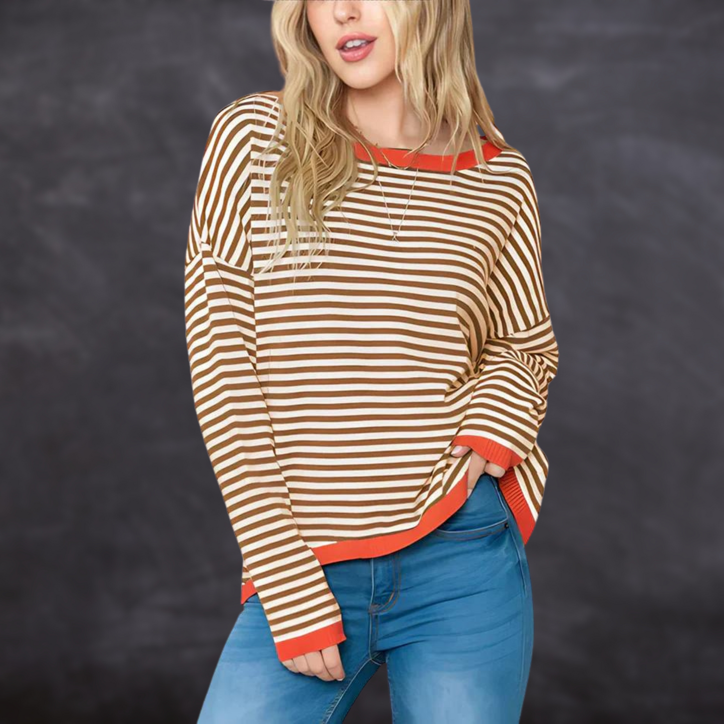 Street Wave Striped Sweater for Women Effortless Casual Chic Knit with Orange Trim