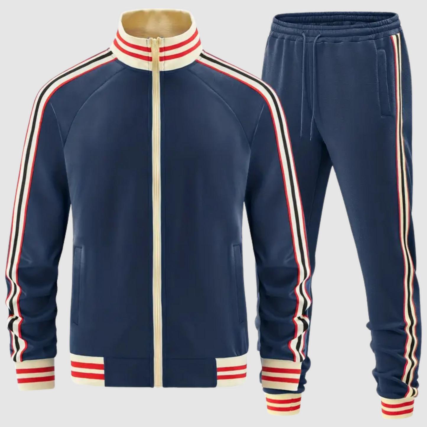 Men's Two-Piece Tracksuit Set With Full Zip Jacket And Slim Tapered Pants Stripe Detail Casual Fit