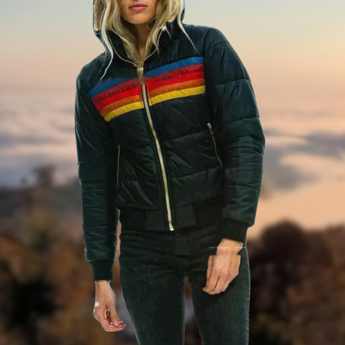Street-Wave Women's Cozy Puffer Jacket With Rainbow Color-Block Stripes Warmth And Comfort