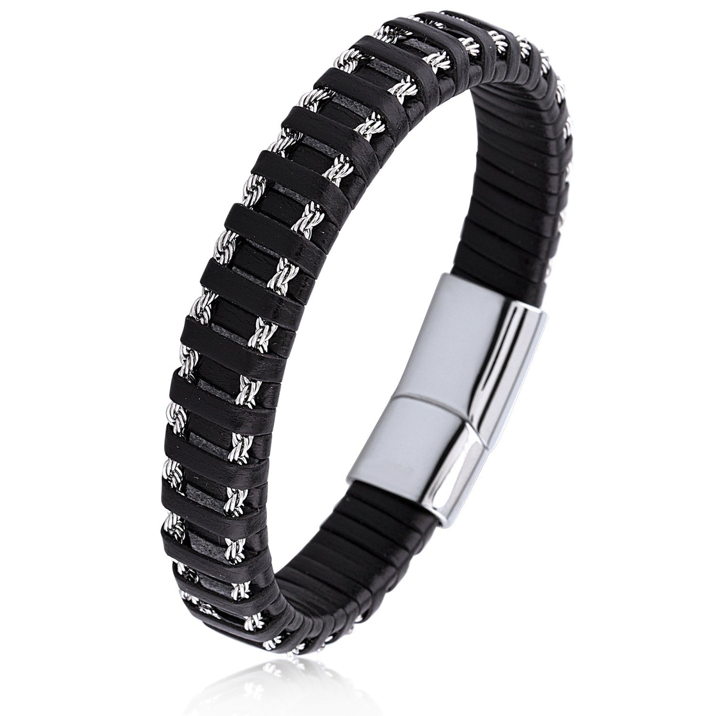 Street-wave Dirk Black Braided Leather Bracelet For Men With Stainless Steel Clasp