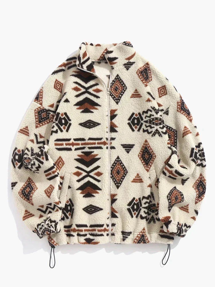 Street Wave Ethnic Print Fleece Pullover Jacket For Unisex Streetwear Cozy Warmth And Easy Layering