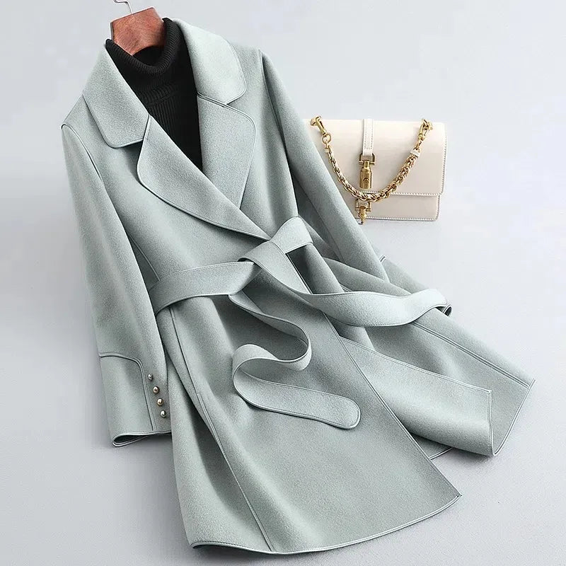 Street-Wave Wool Trench Coat Mid-Length For Women Belted Silhouette Elegant Cozy