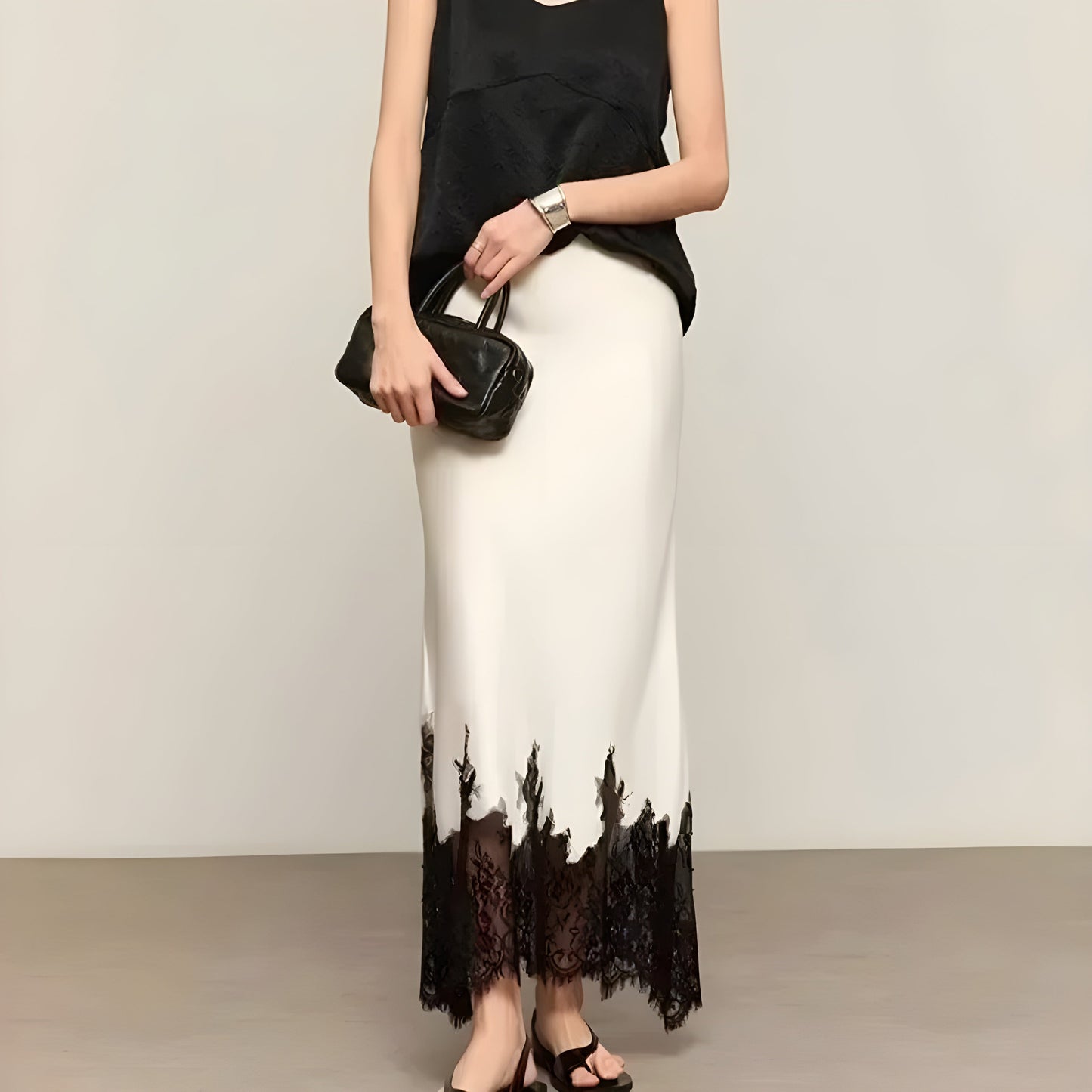 Lace-Trim Satin Skirt